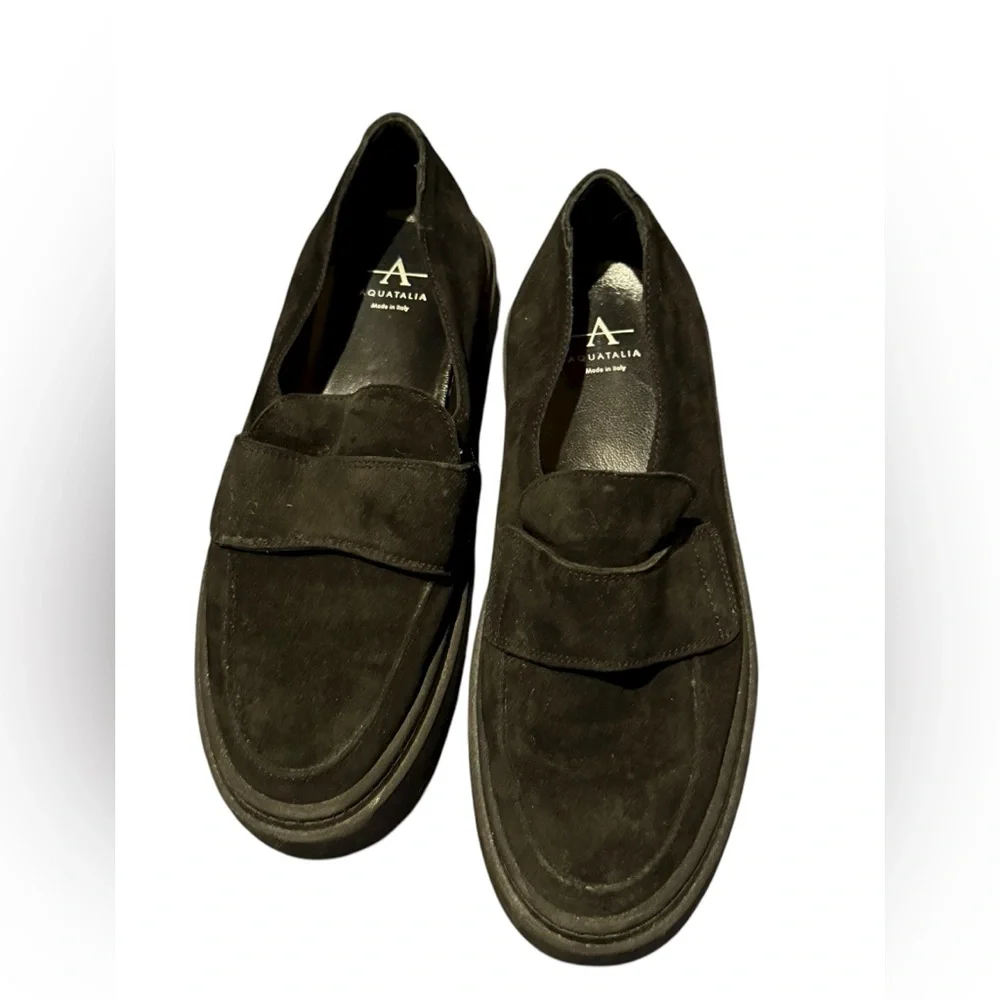 Aquatalia Lorita Genuine Suede Leather Platform Sole Slip-On Loafer Black Sz 6.5